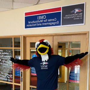 Rowdy the Roadrunner standing at the entrance of CMEI